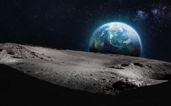 Moon surface with dark side. Earth on background. Elements of this image furnished by NASA.