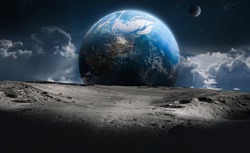 Moon surface with craters and Earth planet in deep space. Sky and clouds fantasy. Elements of this image furnished by NASA