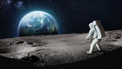 Astronaut on Moon surface. Earth planet on background. Apollo space program. Expedition to satellite. Elements of this image furnished by NASA

