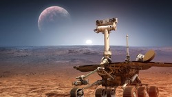 Martian rover Curiosity on surface of red planet Mars. Research of red planet. Perseverance 2020 rover. Elements of this image furnished by NASA