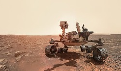 Rover on Mars surface. Exploration of red planet. Space station expedition. Perseverance. Expedition of Curiosity. Elements of this image furnished by NASA