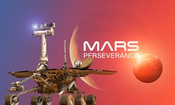 Martian rover Perseverance on surface of red planet Mars. Research of red planet. Perseverance 2020 rover. Elements of this image furnished by NASA