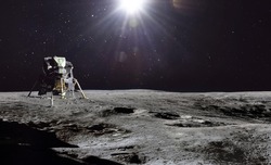Apollo Lunar module spaceship on surface of Moon. Artemis lunar space program. Elements of this image furnished by NASA