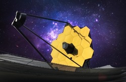 JWST in outer space. James Webb telescope far galaxy explore. Sci-fi space collage. Astronomy science. Elemets of this image furnished by NASA