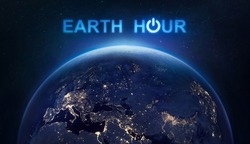 Earth Hour 2022 event. Planet Earth at night in outer space. Turn off your lights for save climate. Elements of this image furnished by NASA 