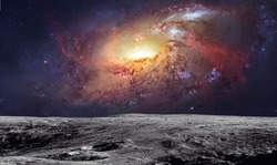 Moon surface with bright space. Lunar fantasy wallpaper. Galaxy and stars. Elements of this image furnished by NASA
