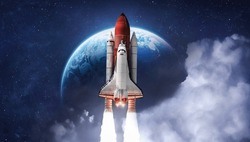 Space shuttle rocket in deep space with clouds and Earth planet. Spaceship on orbit of the planet. Sci-fi space wallpaper. Elements of this image furnished by NASA