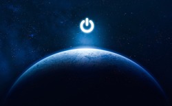 Earth planet in blue gradient style with electric power button. HUD key. On/off light switch. Elements of this image furnished by NASA