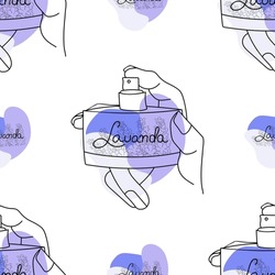 Background seamless pattern with a bottle of perfume in the hands of a girl. Violet abstract shapes with lettering Lavender. Vector illustration symbol for print, for packing paper, for cosmetics