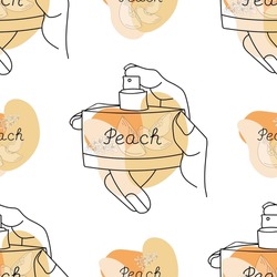Background seamless pattern with a bottle of perfume in the hands of a girl. Orange abstract shapes with lettering Peach and peach slices. Vector illustration symbol for print, for packing paper