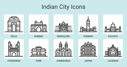 A beautiful, simple and uniform line icon set for the Top 10 Cities of India.
