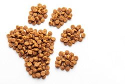 A dog's paw print consists of dog food pellets on a white background. Concept of healthy food for dogs
