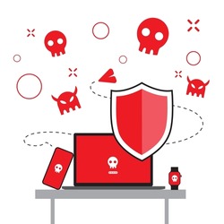 Computer infected. Virus detection. Virus attention. Scam alert, network piracy danger. Various Internet files infected with viruses, spam. Vector illustration.