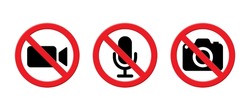 no record, set of mute, camera, mic icons, red crossed out circle, vector illustration