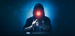 Hacker and Internet technology Crime with digital abstract hologram data background. Concept of Online information privacy, identity theft and Cyber Security