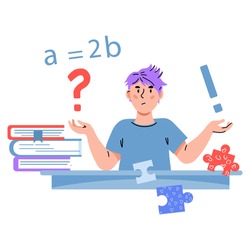 Child having question while studying. Boy sitting at table with confused face expression sitting at table surrounded with question marks, cartoon vector illustration isolated on white background.