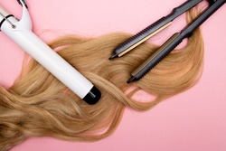 Hair curling, styling and hairstyles for blond curls. Curling iron. Volumizing fine hair. Hairdresser tools.