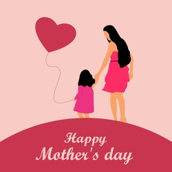 Watercolor mother silhouette with her baby. Card of Happy Mothers Day. Vector illustration with beautiful woman and child