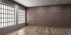 Empty room with big window in loft style.
Wooden floor and brick wall in a modern interior. 3D render.