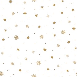 Golden snowflakes and stars on a white background. Holiday Seamless pattern. Vector Illustration.