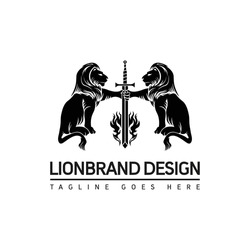 Black And White Lion Holding Sword Logo Template
