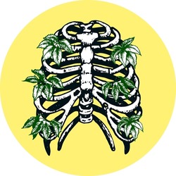 Human ribcage with green vine leaves growing from the ribs. Vector illustration, tattoo