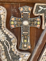 beaded Orthodox Greek cross on wood