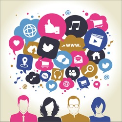 Social media icons in speech bubbles with group of people