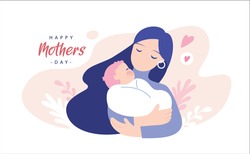 Happy Mother's Day greeting card. Vector illustration of a mother holding baby son in arms.