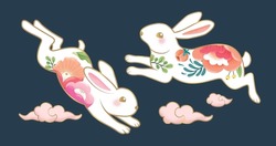 Rabbits character design with beautiful blossom flowers for Mid Autumn Festival or Chinese New Year 2023, year of the Rabbit zodiac sign.