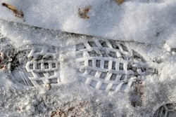 Footprints from the bottom of a shoe in the snow in the forest.