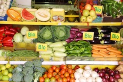 Offer of various organic vegetables and fruits with German-language 