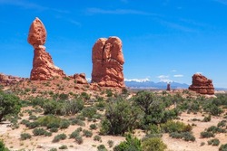Balanced Rock formation in the Arches National Park, Utah, USA. Bizzare geological shapes in the desert of American southwest. Famous natural landmark in Utah