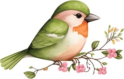 Spring Love Bird Watercolor Illustration. Tree branch with cherry blossom flowers