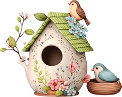 Spring Love Flowers Clay Pot Watercolor Illustration. Lovely Bird Clay House decoration watercolor illustration with spring flowers.