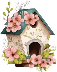 Watercolor Illustration of spring love bird house with cute flowers and leaves