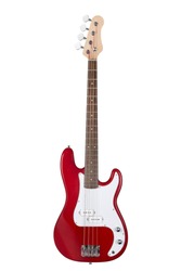 Red electric bass guitar isolated on white background
