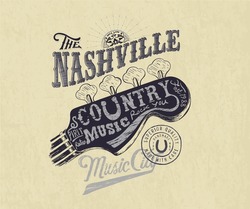 nashville vintage music poster design, country music typography art work for t shirt, sticker, poster, graphic print, old stump, guitar typography 