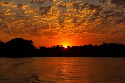 Beautiful sunset in northern Pantanal, world's largest wetlands. Wild brazil, brazilian wildlife and nature, amazing landscape, riverside.