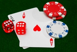 Poker cards Two Aces. Gambling, casino chips, dices. Casino tokens, gaming chips, checks, or cheques.