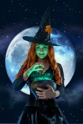 Halloween Witch making witchcraft, preparing a magic potion in pot, spells. Female wizard fairy character for All Saints' Day. Fantasy gothic red-haired girl in carnival black dress. Woman enchantress
