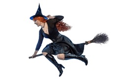 Halloween Witch flying on a broomstick. Female wizard fairy character for All Saints' Day. Fantasy gothic red-haired sorceress girl dressed in black carnival costume. Enchantress woman