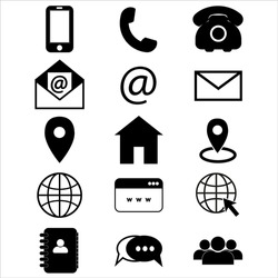 Contact us icons. Simple vector icons set on white background. Phone, smartphone, email, location, home, globe, address, chat.