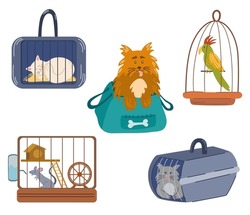 Pets sitting in a travel bag. Animals in a bag and pet cage, carriage of dogs, cats, red and parrot. Transportation of animals. Vector cartoon illustration