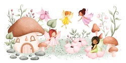 Watercolor Illustration Fairy Garden and plants 