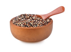 Raw mix quinoa seeds (white quinoa,black quinoa,red quinoa) in wooden bowl isolated on white background.