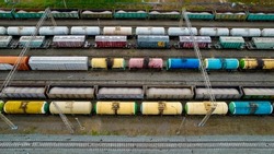 View of the trains from above. Tanks for storage and transportation of oil products, chemically active and aggressive liquid substances.