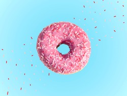 pink flying donut on a blue background. donut close-up