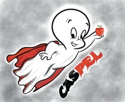 vector illustration of an animated cartoon ghost flying with red wings and carrying a red apple.