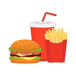Fast food set. Hamburger, fries, soda. Vector composition on a white background.